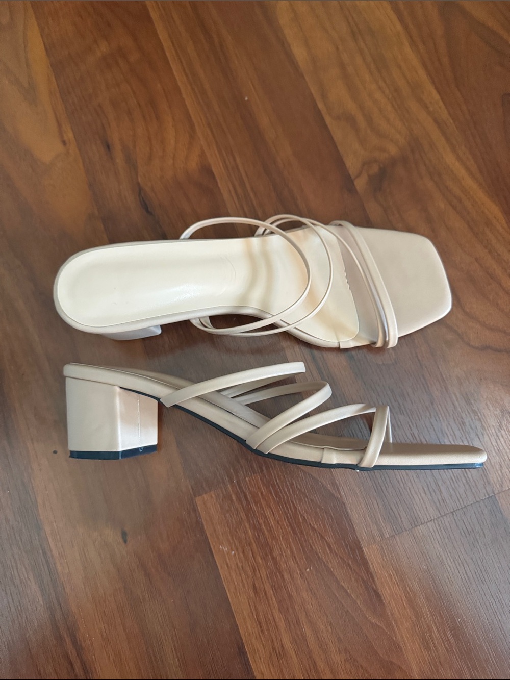 Azazie Beige Strappy Square-Toe Slide Sandals